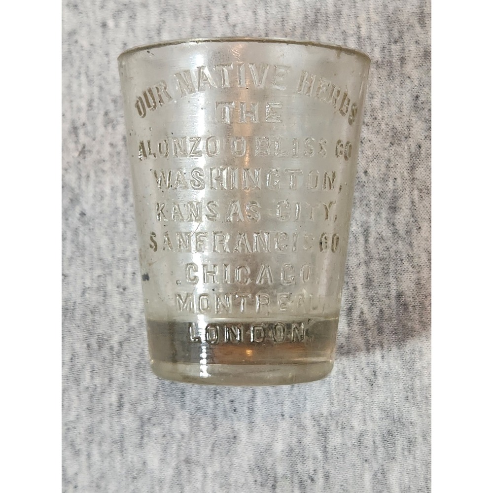 Alonzo O Bliss Co Medicine Dose Glass Clear Antique Our Native Herbs apothecary